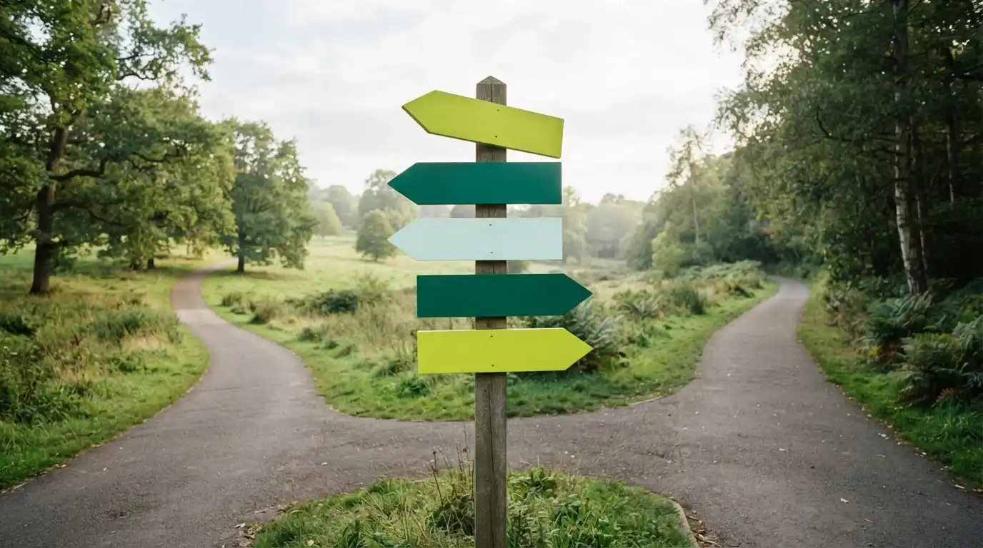Wegweiser mit mehreren Richtungspfeilen entlang eines befestigten Parkweges