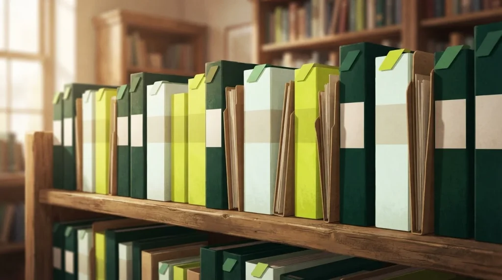 Geordnete Archivmappen mit Registerkarten und beschrifteten Aktenfächern