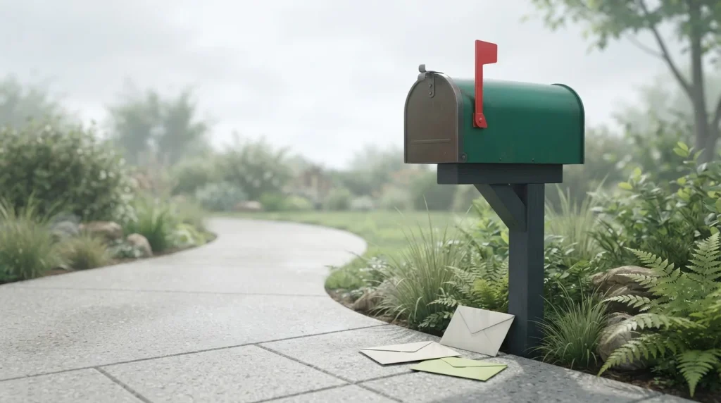 Briefkasten mit hochgestellter Signalfahne und Briefumschlägen am Weg