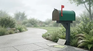 Briefkasten mit hochgestellter Signalfahne und Briefumschlägen am Weg