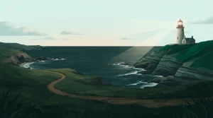Leuchtturm auf einer Felsenklippe mit Küstenpfad und ruhigem Meer bei Dämmerung
