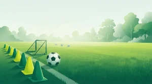 Trainingskegel, Ball und Sportnetz liegen nebeneinander am Spielfeldrand