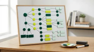 Magnettafel mit runden und rechteckigen farbigen Magneten und einer kleinen Schale